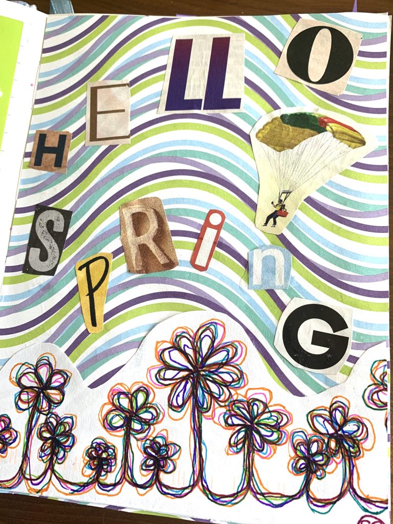 a collage with the words "Hello Spring" made from cut up magazine letters