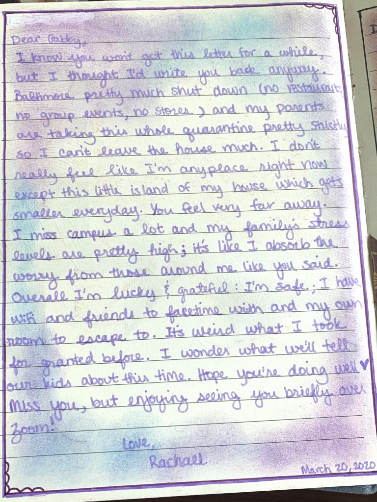 a letter from Rachael to Gabby describing her life in quarantine in Baltimore