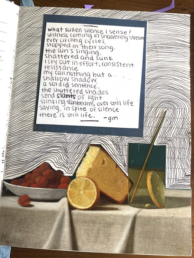 a poem written by Gabby with a still life painting in the background