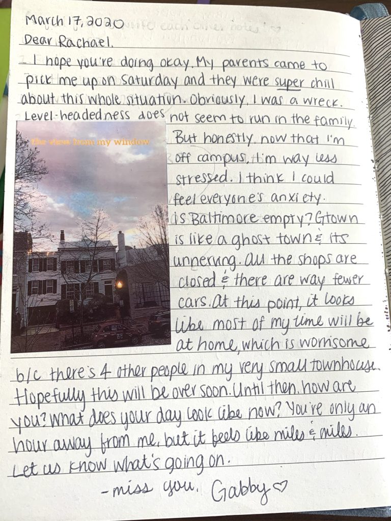 A letter from Gabby to Rachael describing her life in quarantine in Washington, DC.