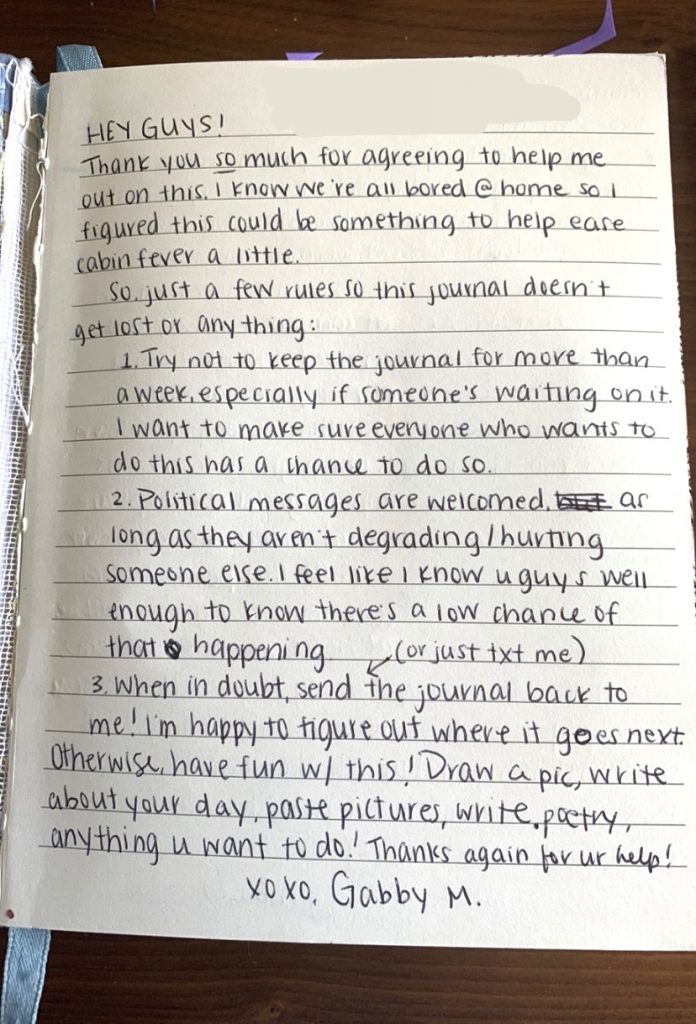 An intro page by Gabby laying down some rules and guidelines for the journal