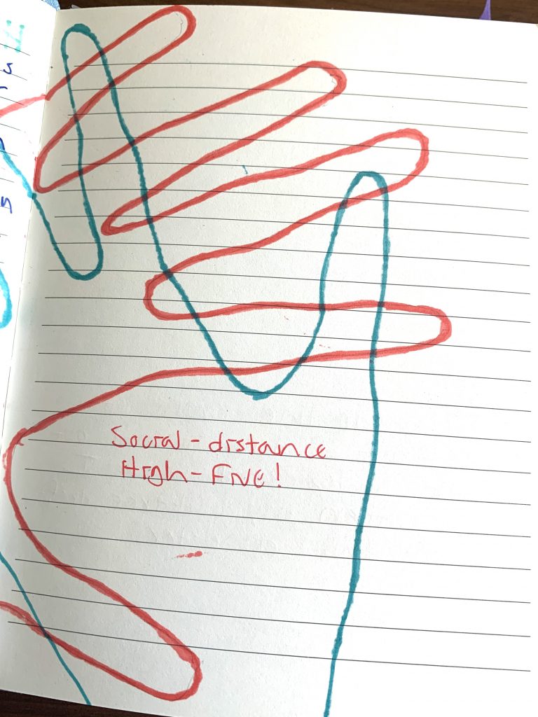 "Social-distance high-five!" written in the middle of a drawing of two outlined hands overlapping